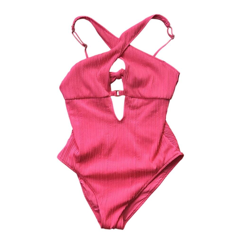 NWT BECCA by Rebecca Virtue Moon Ridge High-Neck One-Piece Coral Swimsuit Large